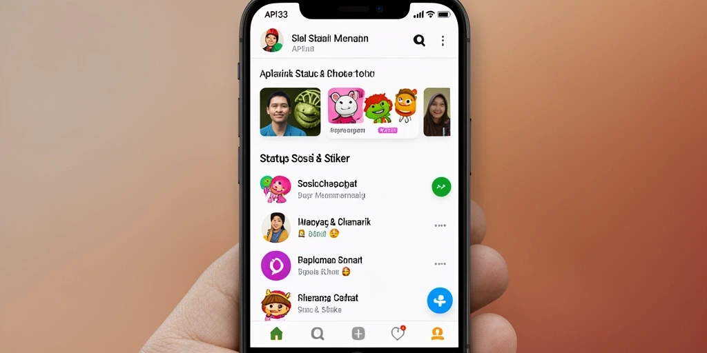 Antarmuka aplikasi API33 dengan stiker dan status yang menarik.