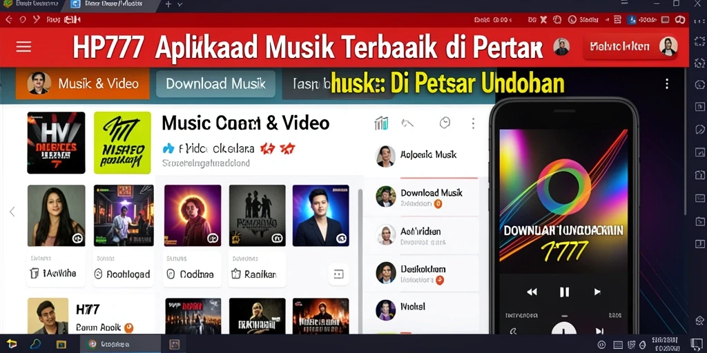 Tampilan antarmuka aplikasi HP777 dengan fitur Download Musik.