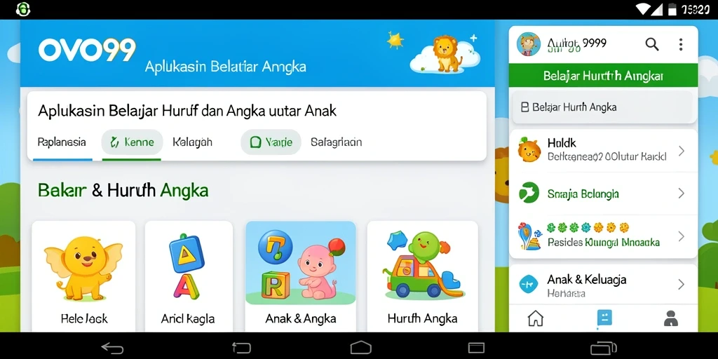 Antarmuka aplikasi OVO99 untuk belajar huruf dan angka.